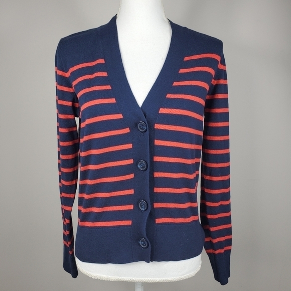 J Crew Red Blue Stripe Cardigan Cropped - Picture 2 of 9